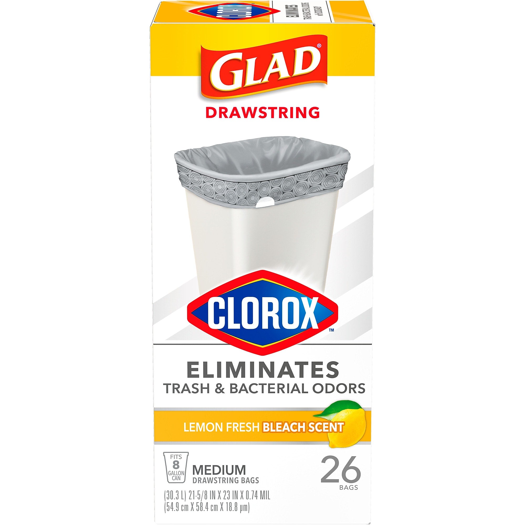 Glad Medium Drawstring Trash Bags with Clorox, 8 Gallon, Grey, Lemon Fresh Bleach Scent, 26/Box(79316)