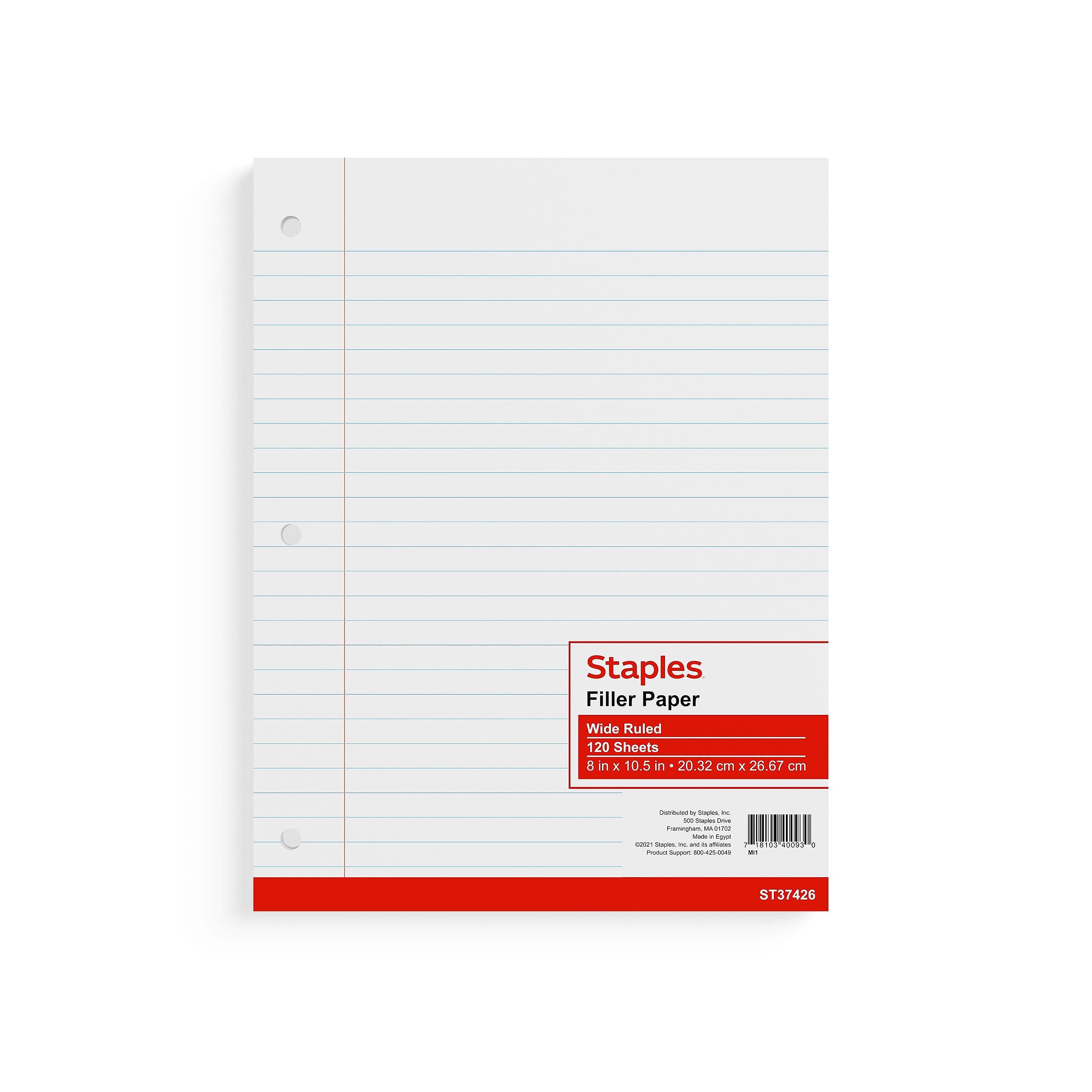 Staples Wide Ruled Filler Paper, 8" x 10.5", White, 120 Sheets/Pack, 36 Packs/Carton (TR37426)