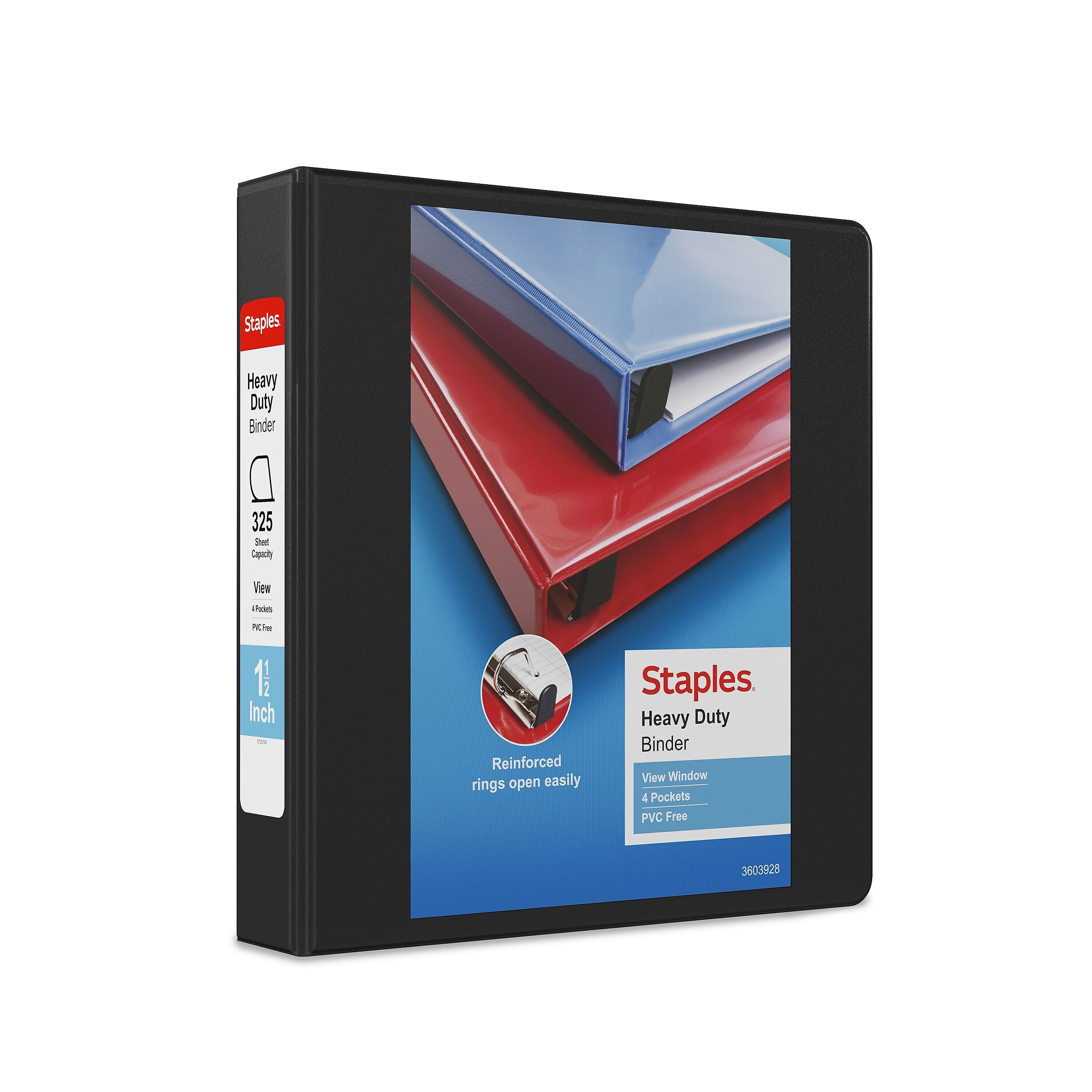 Staples Heavy Duty 1 1/2" 3-Ring View Binder, D-Ring, Black (ST56232-CC)