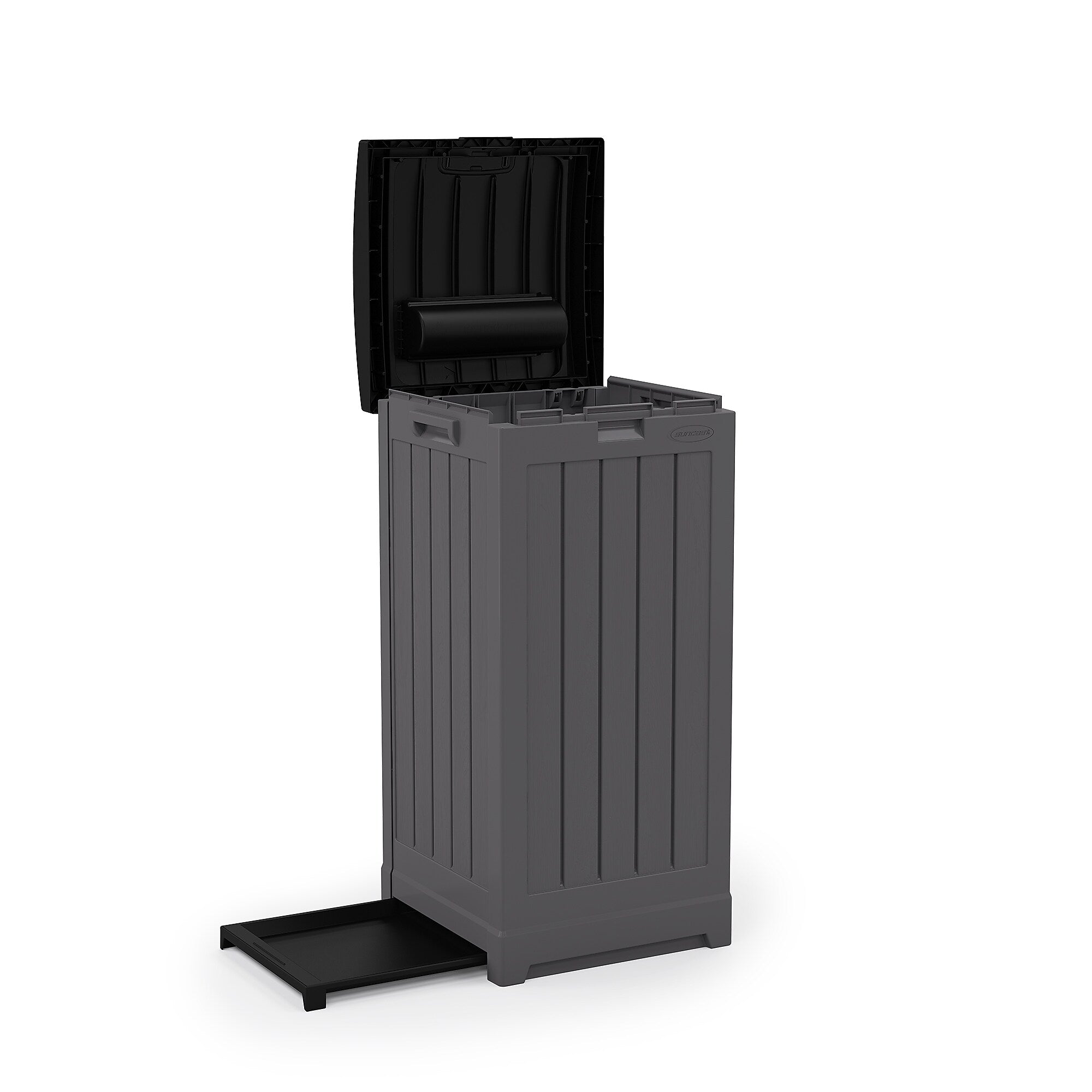 Suncast Resin Trash Can with Lid, 39 Gallon, Peppercorn and Black (GH3900)