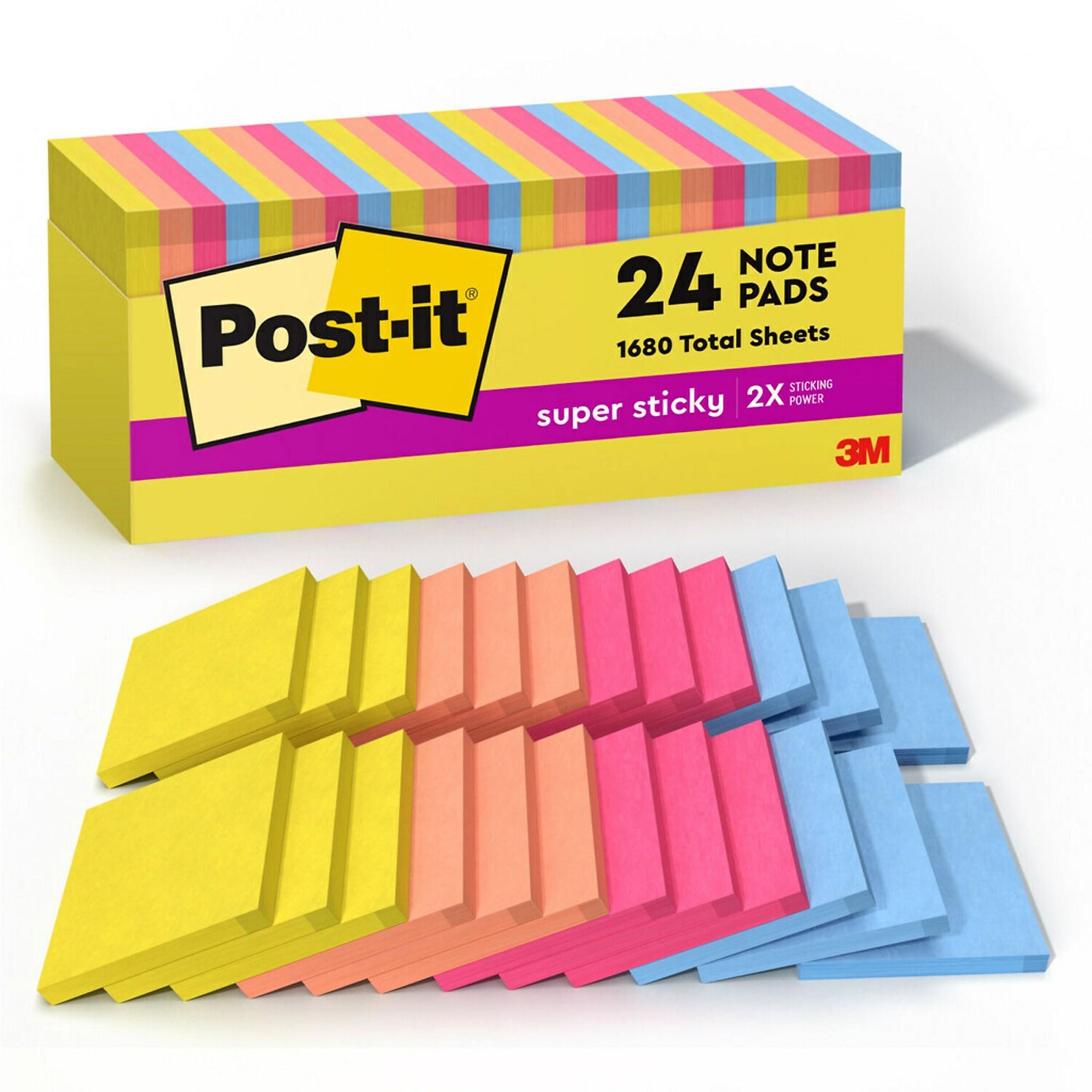 Post-it Super Sticky Notes, 3" x 3", Summer Joy Collection, 70 Sheets/Pad, 24 Pads/Pack (654-24SSJOY-CP)