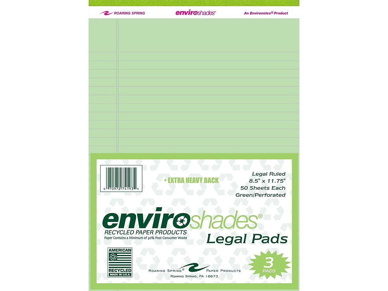 Roaring Spring Paper Products 8.5" x 11.75" Legal Pads, Recycled Green Paper, 50 Sheets/Pad, 3 Pads/Pack (74193)