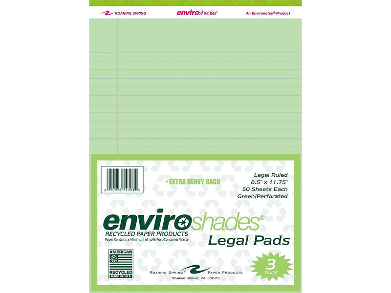 Roaring Spring Paper Products 8.5" x 11.75" Legal Pads, Recycled Green Paper, 50 Sheets/Pad, 3 Pads/Pack (74193)