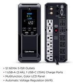 CyberPower Intelligent LCD UPS System, 1500VA/900W, 12 Outlets, 2 USB Ports, AVR, Mini Tower, Black (CP1500AVRLCD3)