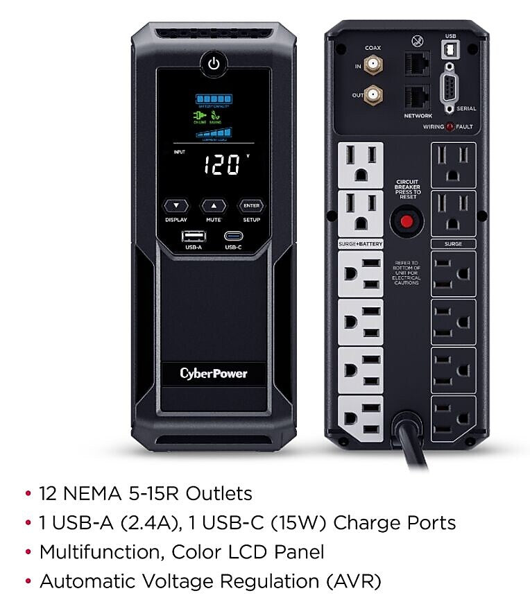 CyberPower Intelligent LCD UPS System, 1500VA/900W, 12 Outlets, 2 USB Ports, AVR, Mini Tower, Black (CP1500AVRLCD3)