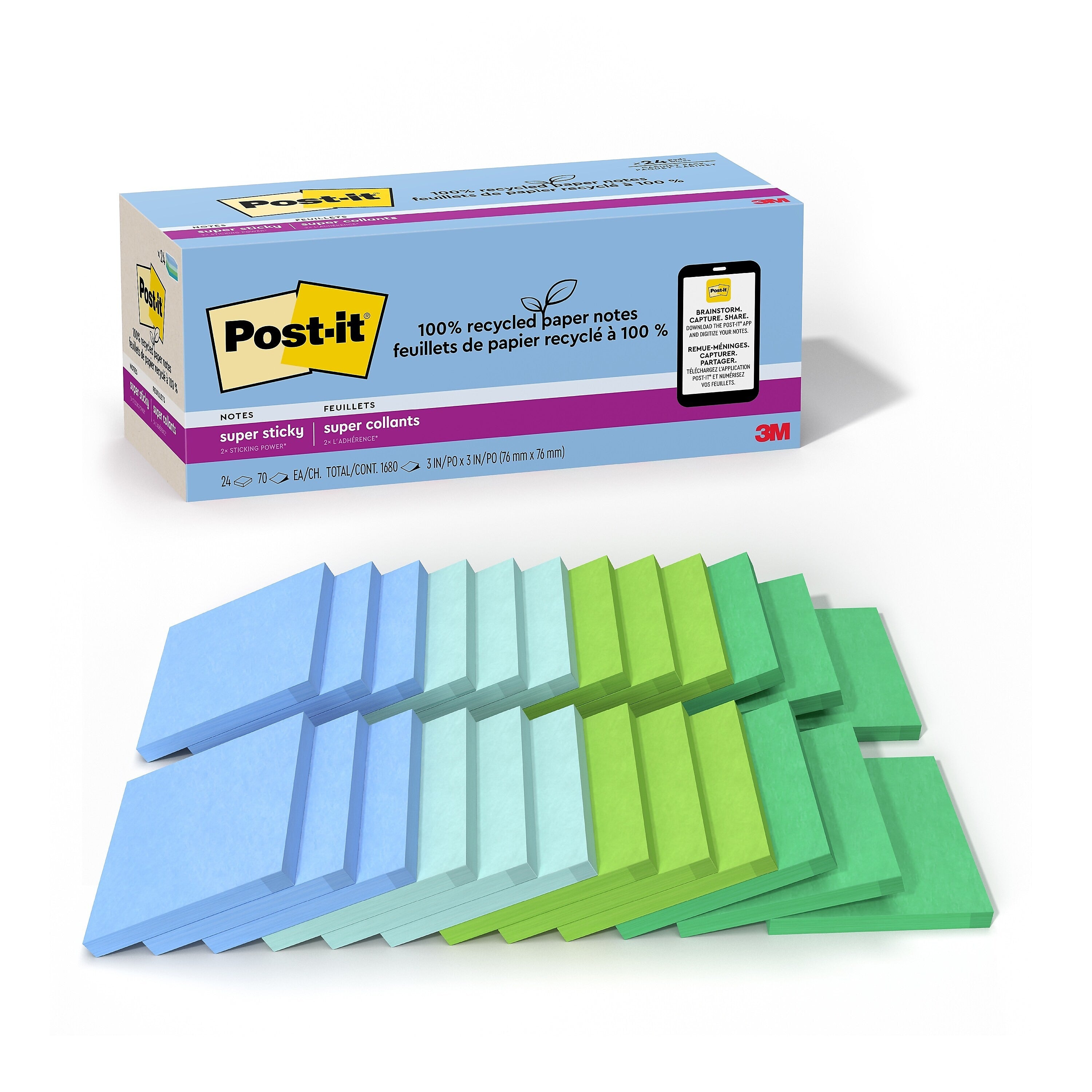 Post-it Recycled Super Sticky Notes, 3" x 3", Oasis Collection, 70 Sheets/Pad, 24 Pads/Pack (654R-24SST-CP)