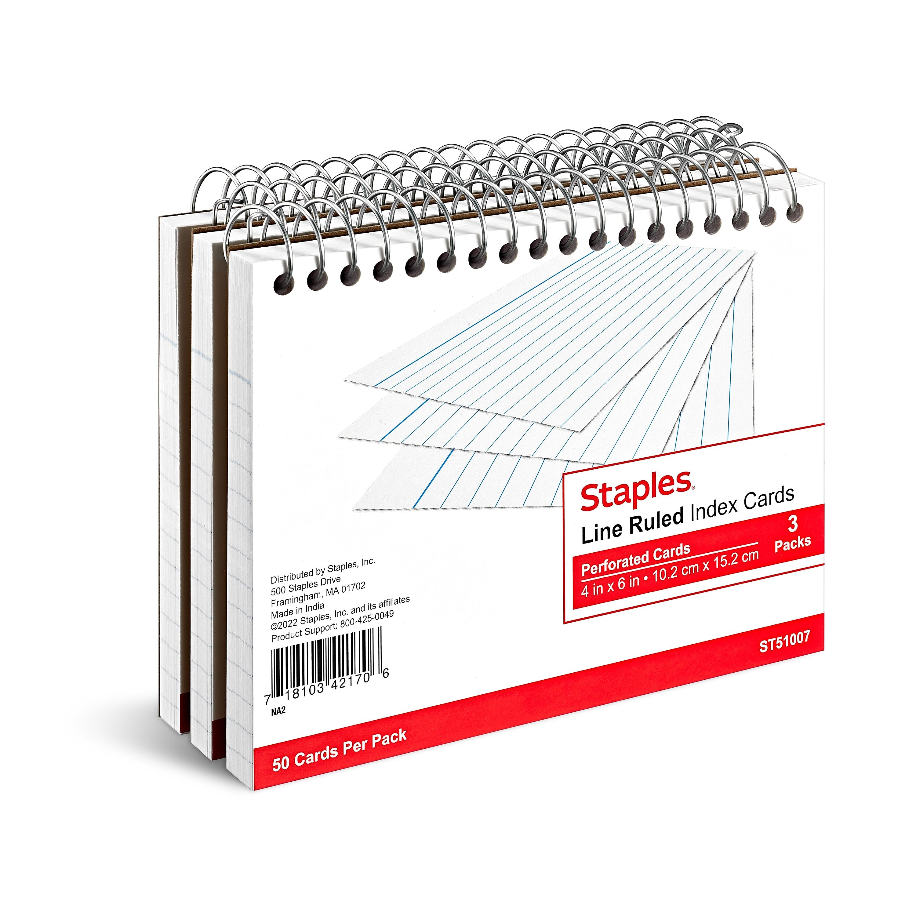 Staples™ 4" x 6" Index Cards, Lined, White, 50 Cards/Pack, 3 Pack/Carton (TR51007)