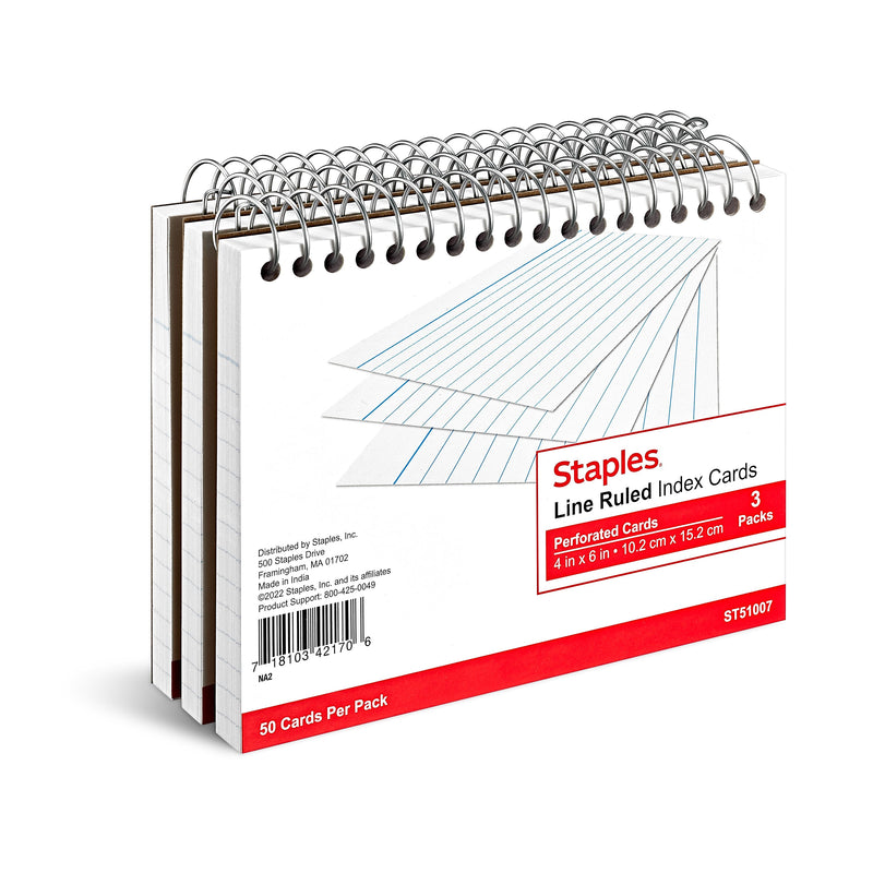 Staples™ 4" x 6" Index Cards, Lined, White, 50 Cards/Pack, 3 Pack/Carton (TR51007)