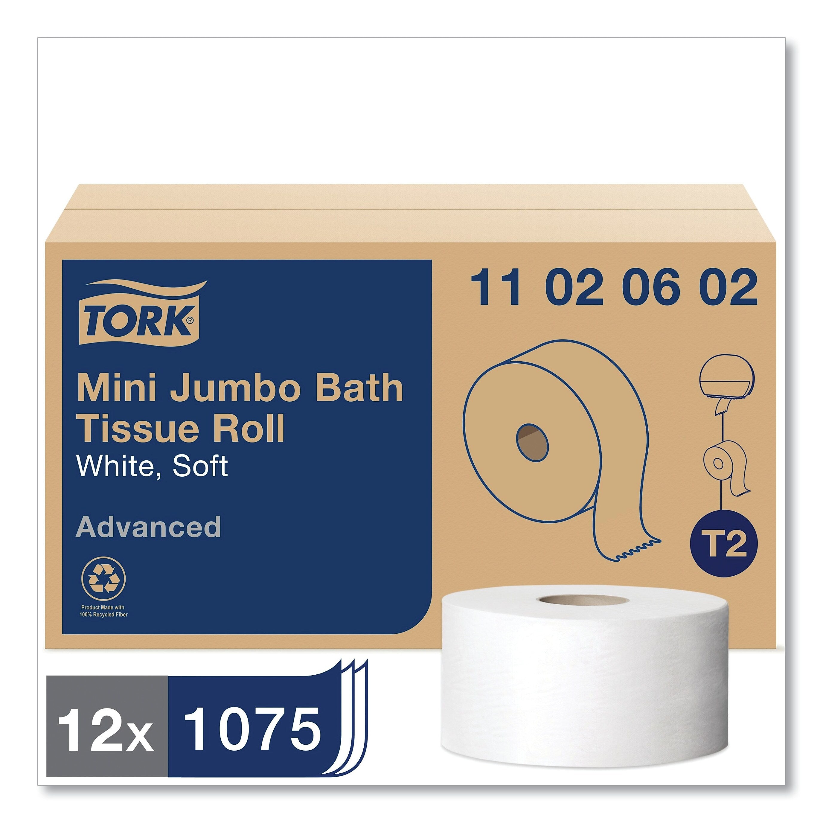 Tork Toilet Paper, Jumbo Roll, White, 1075 Sheets/Roll, 12/Casrton (TRK11020602)