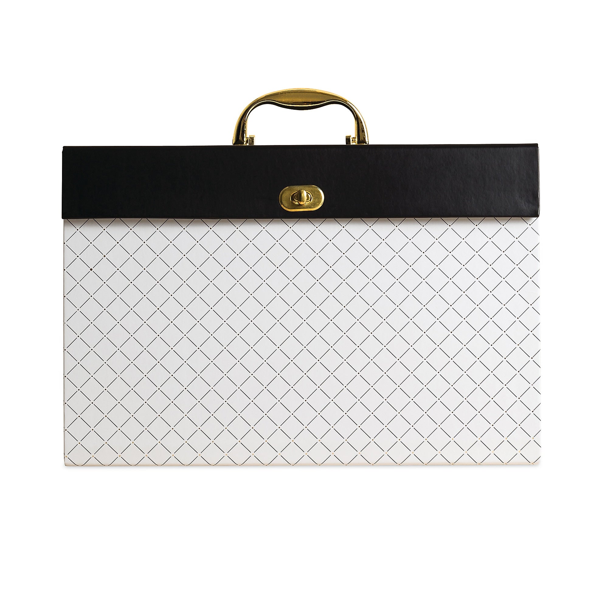 U Brands Expanding File Box, 5.25" Expansion, 19 Sections, Twist-Lock Latch Closure, 2/5-Cut Tabs, Letter Size, White/Black/Gold