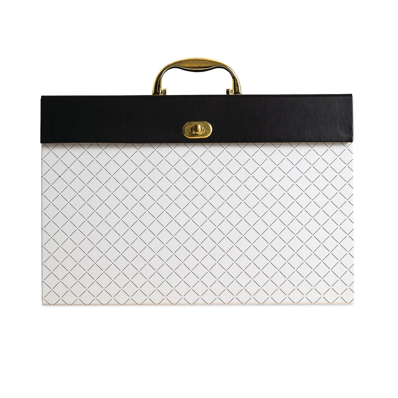 U Brands Expanding File Box, 5.25" Expansion, 19 Sections, Twist-Lock Latch Closure, 2/5-Cut Tabs, Letter Size, White/Black/Gold