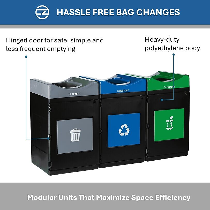 Commercial Zone Avante Series Polyethylene Triple-Stream Trash, Recycling and Compost Center, 165 Gallon, Black (787301MSA)