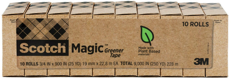 Scotch Magic Greener Invisible Clear Tape Refill, 0.75" x 25 yds., 1" Core, Invisible, 10 Rolls/Pack (81210P)