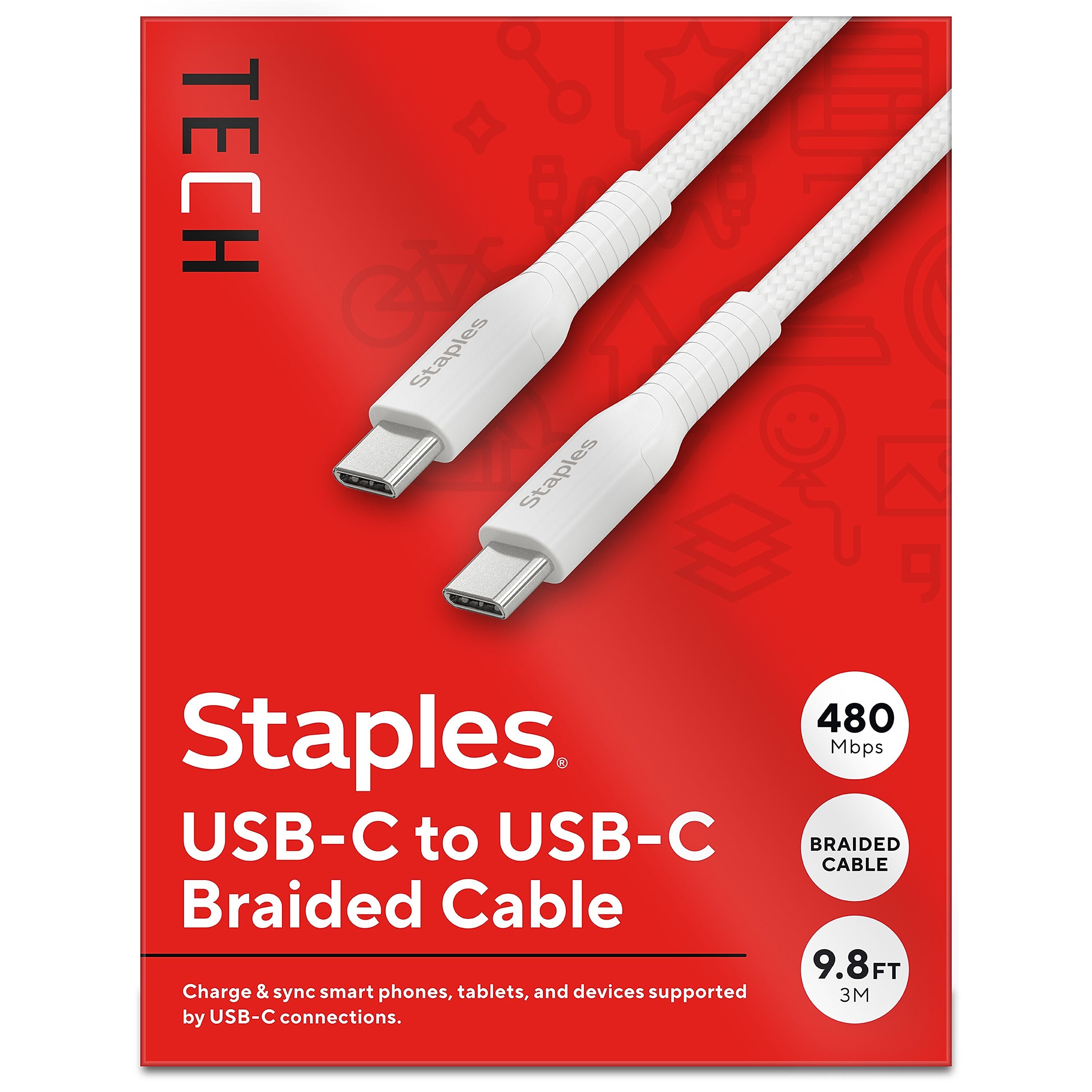 Staples TECH USB-C to USB-C Charging Cable, 9.8 ft., White (ST62336)