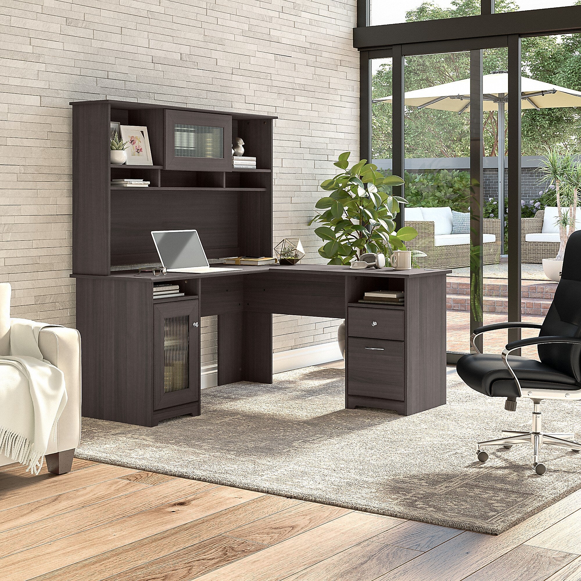 Bush Furniture Cabot 60"W L Shaped Computer Desk with Hutch and Storage, Heather Gray (CAB001HRG)