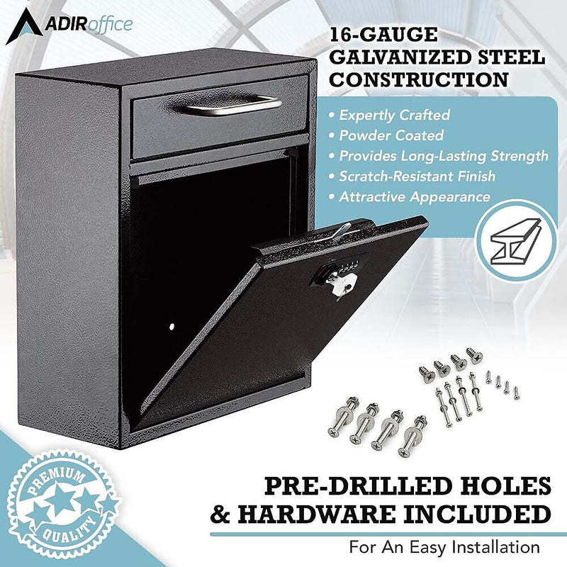 AdirOffice Steel Combination Locking Wall Mounted Interoffice Drop Box Mailbox, Medium, Black (631-05-BLK-KCPK)