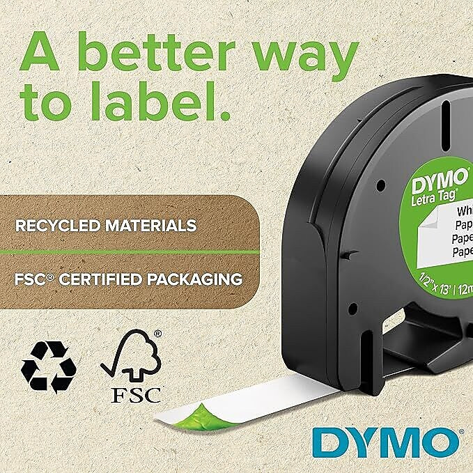 DYMO LT Plastic Labels for LetraTag Label Makers, Black Print on White Labels, 1/2-Inch x 13-Foot Rolls, 3 Count, (2156092)