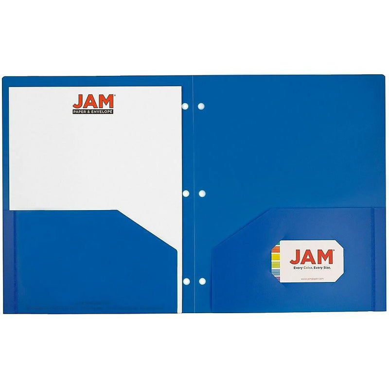 JAM Paper Heavy Duty 3 Hole Punch 2 Pocket Folder, Plastic, Assorted Primary Colors, 12/Pack (383HHPrgbypblb)