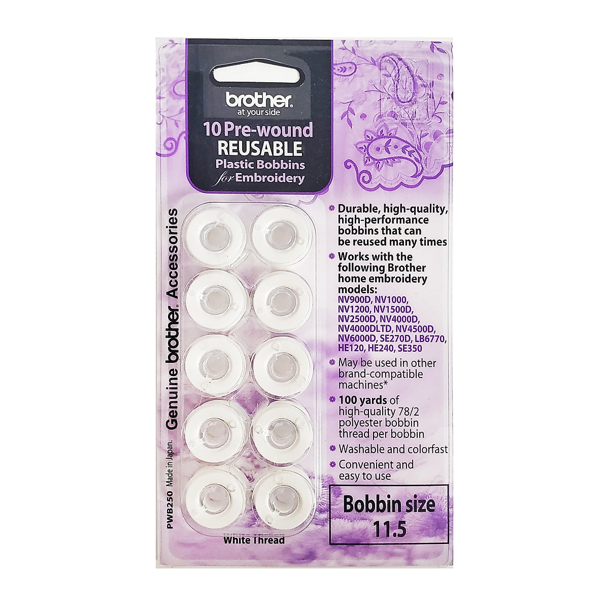 Brother Pre-Wound Embroidery Bobbins, White, 10/Pack (PWB250)