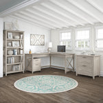 Bush Furniture Key West 60"W L Shaped Desk with File Cabinets and 5 Shelf Bookcase, Washed Gray (KWS017WG)