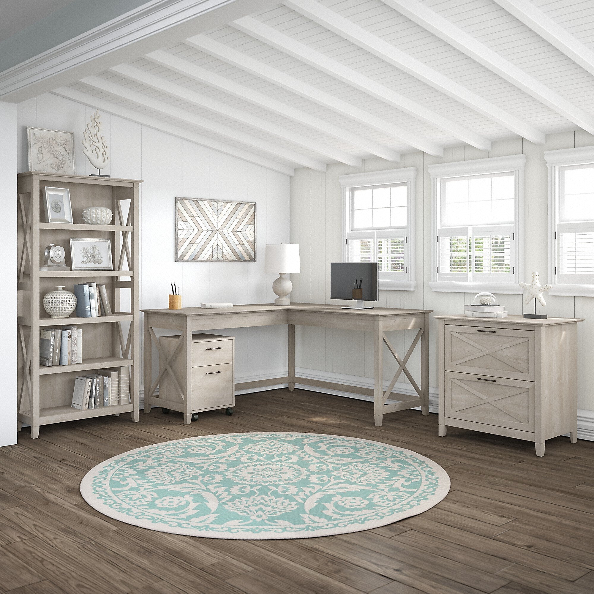 Bush Furniture Key West 60"W L Shaped Desk with File Cabinets and 5 Shelf Bookcase, Washed Gray (KWS017WG)