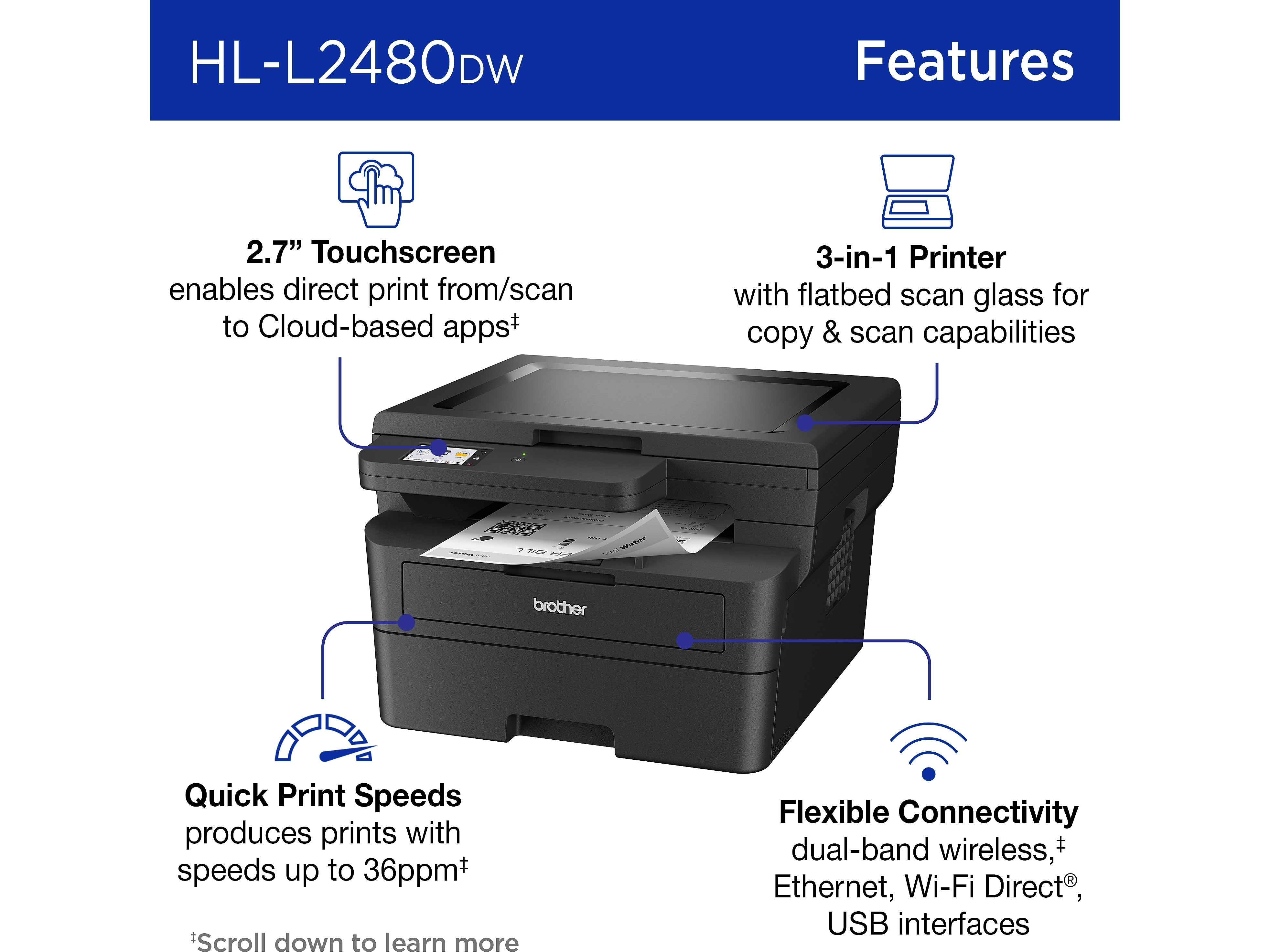 Brother HL-L2480DW Compact Wireless Black & White Laser Printer, Copy & Scan, Refresh Subscription Ready