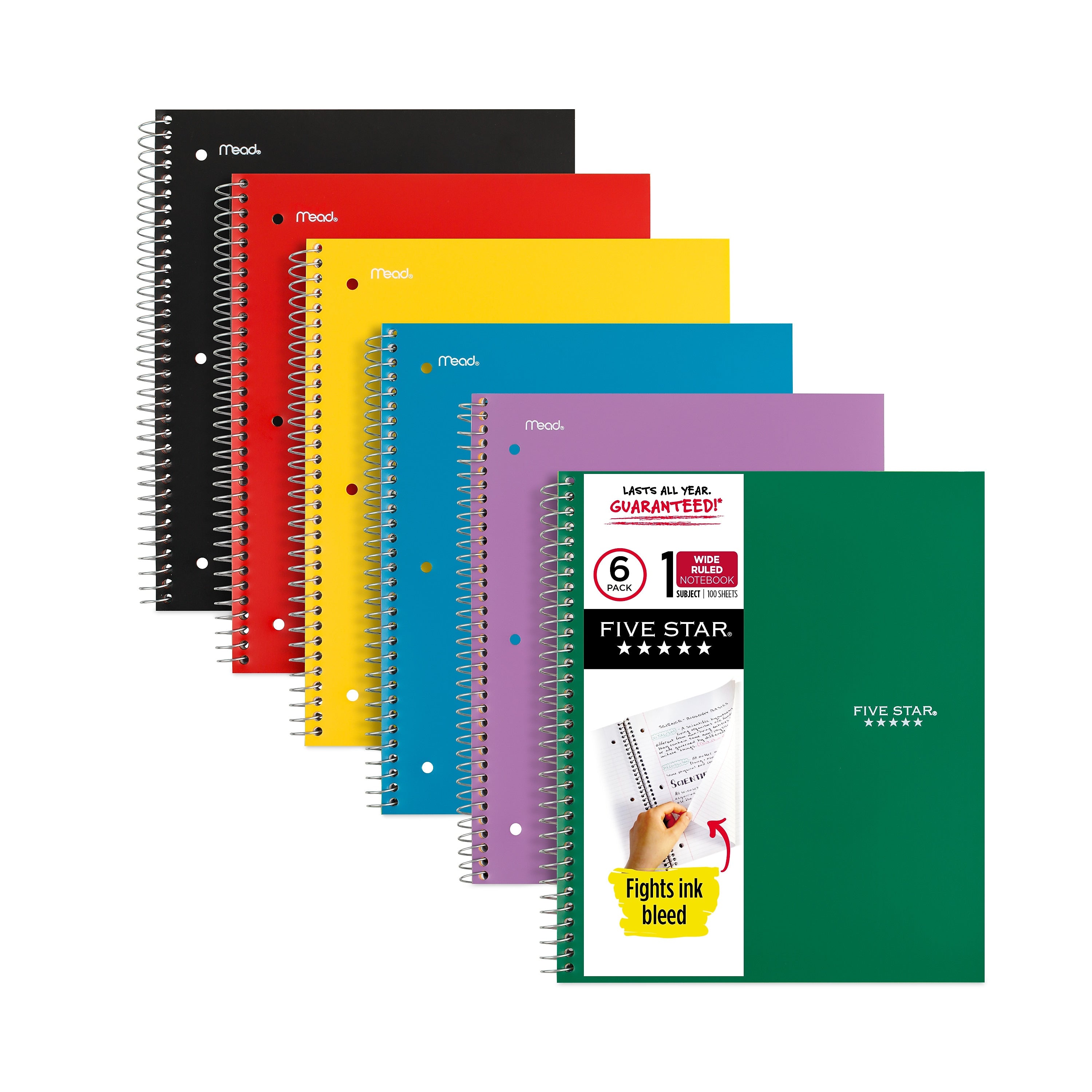 Five Star 1-Subject Notebooks, 8" x 10.5", Wide Ruled, 100 Sheets, Assorted Colors, 6/Pack (MEA38042)