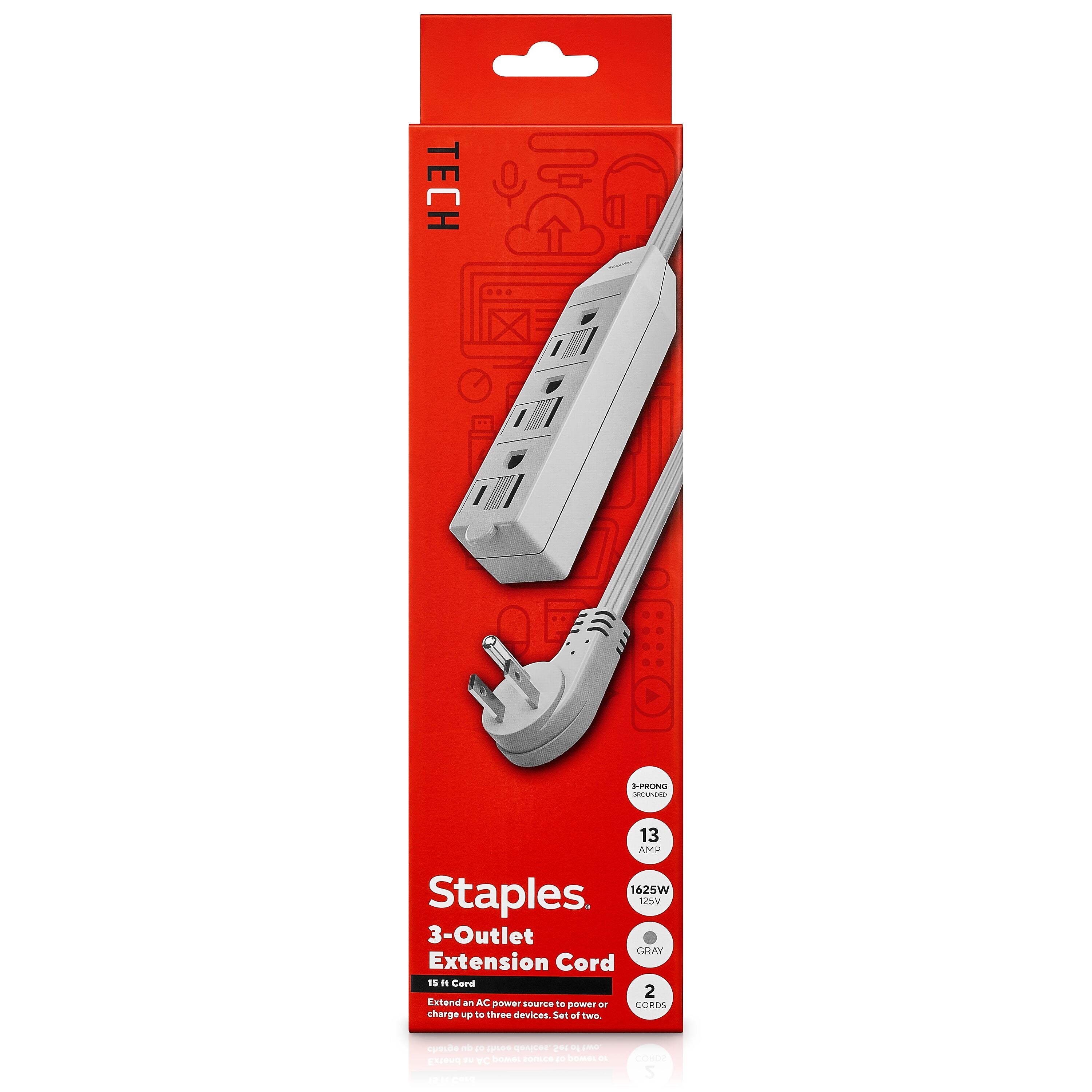 Staples TECH 15' Extension Cord, 3-Outlet, 16 AWG, Gray, 2/Pack (ST62347)