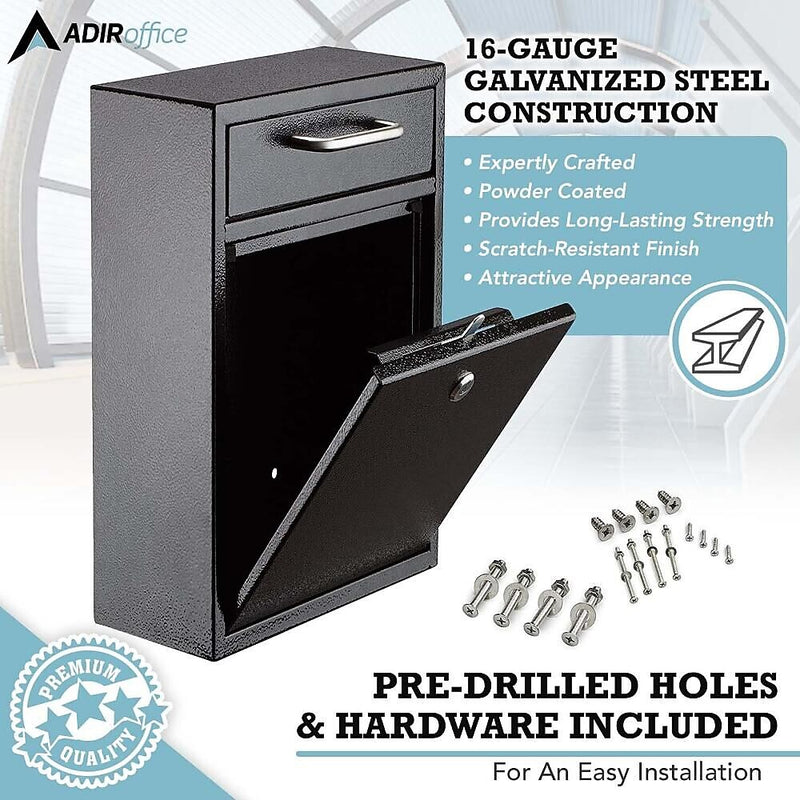 AdirOffice Steel Large Wall Mounted Drop Box Interoffice Mailbox, Key Lock, Black (631-04-BLK-PKG)