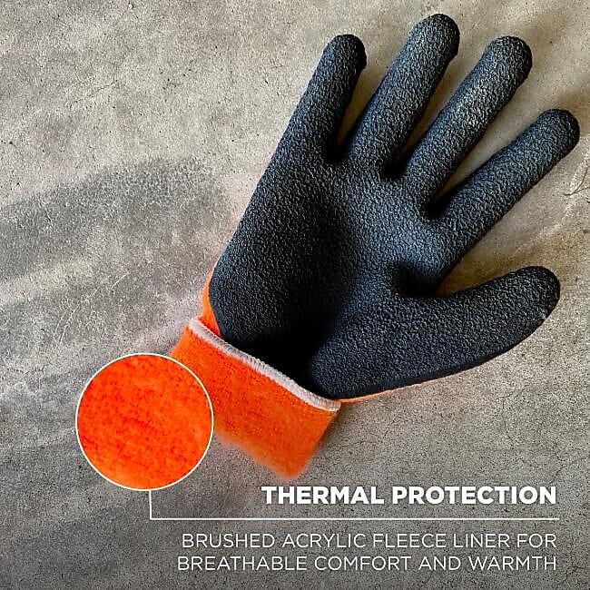 Ergodyne ProFlex 7401 Winter Work Gloves, Fleece Lined, Latex Coated Palm, 13 Gauge, A5 Cut Level, Orange, XXL, 12/Pack