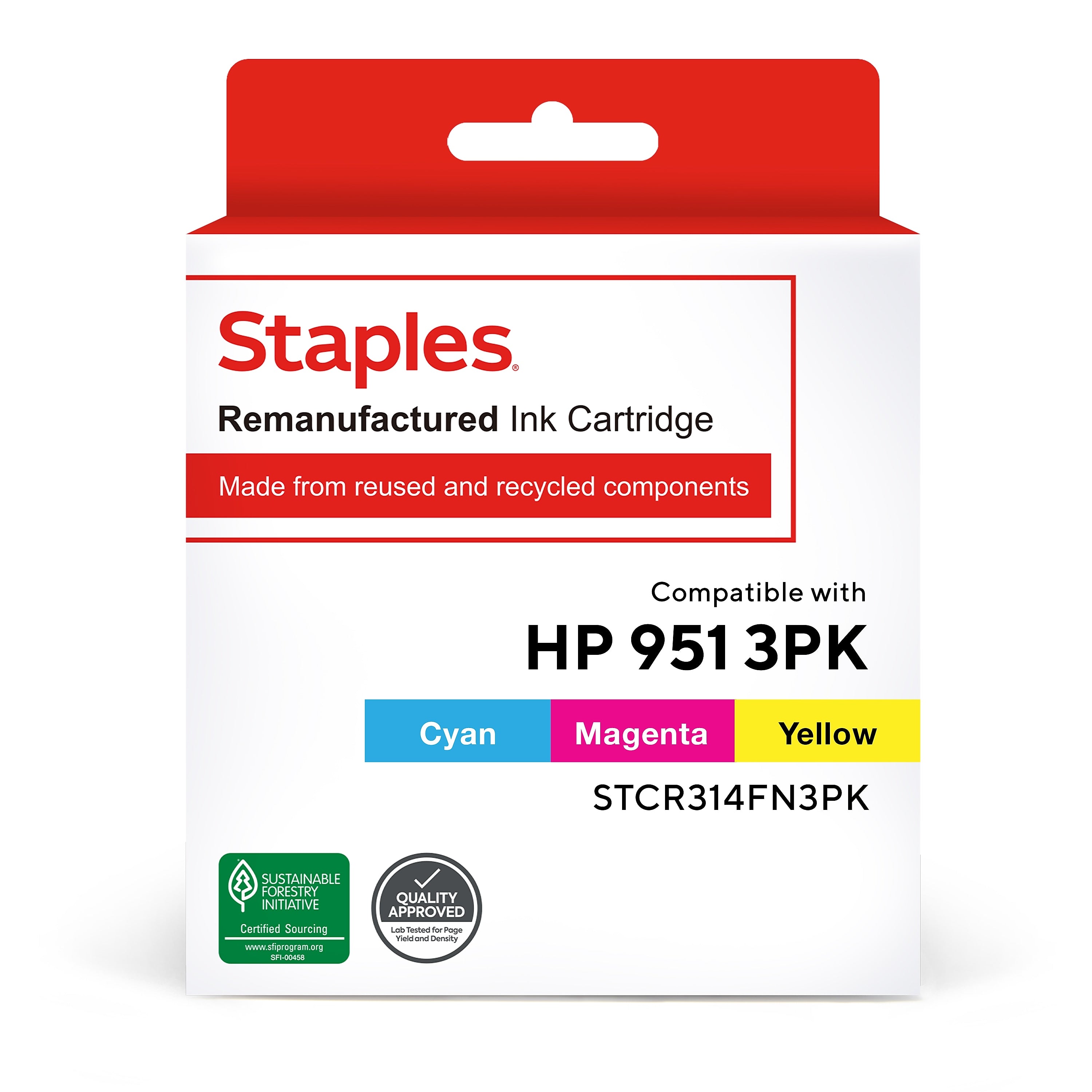Staples Remanufactured Cyan/Magenta/Yellow Standard Yield Ink Cartridge Replacement for HP 951 (TRCR314FN/STCR314FN3PK), 3/Pack