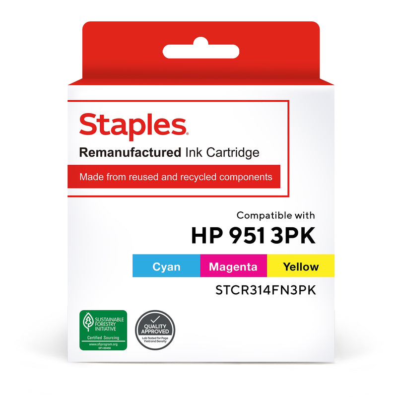 Staples Remanufactured Cyan/Magenta/Yellow Standard Yield Ink Cartridge Replacement for HP 951 (TRCR314FN/STCR314FN3PK), 3/Pack