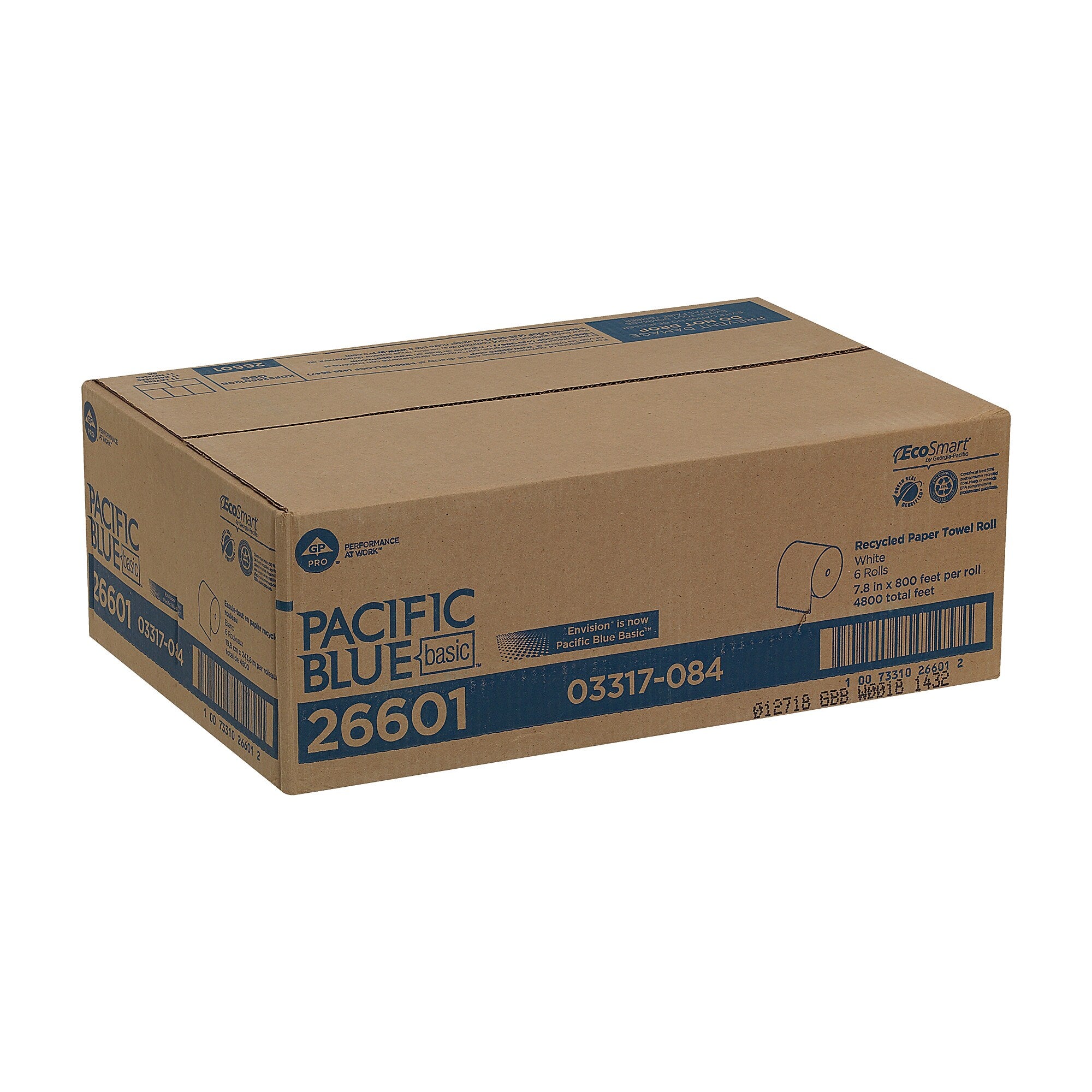 Pacific Blue Basic Recycled Hardwound Paper Towels, 1-ply, 800 ft./Roll, 6 Rolls/Carton (26601)
