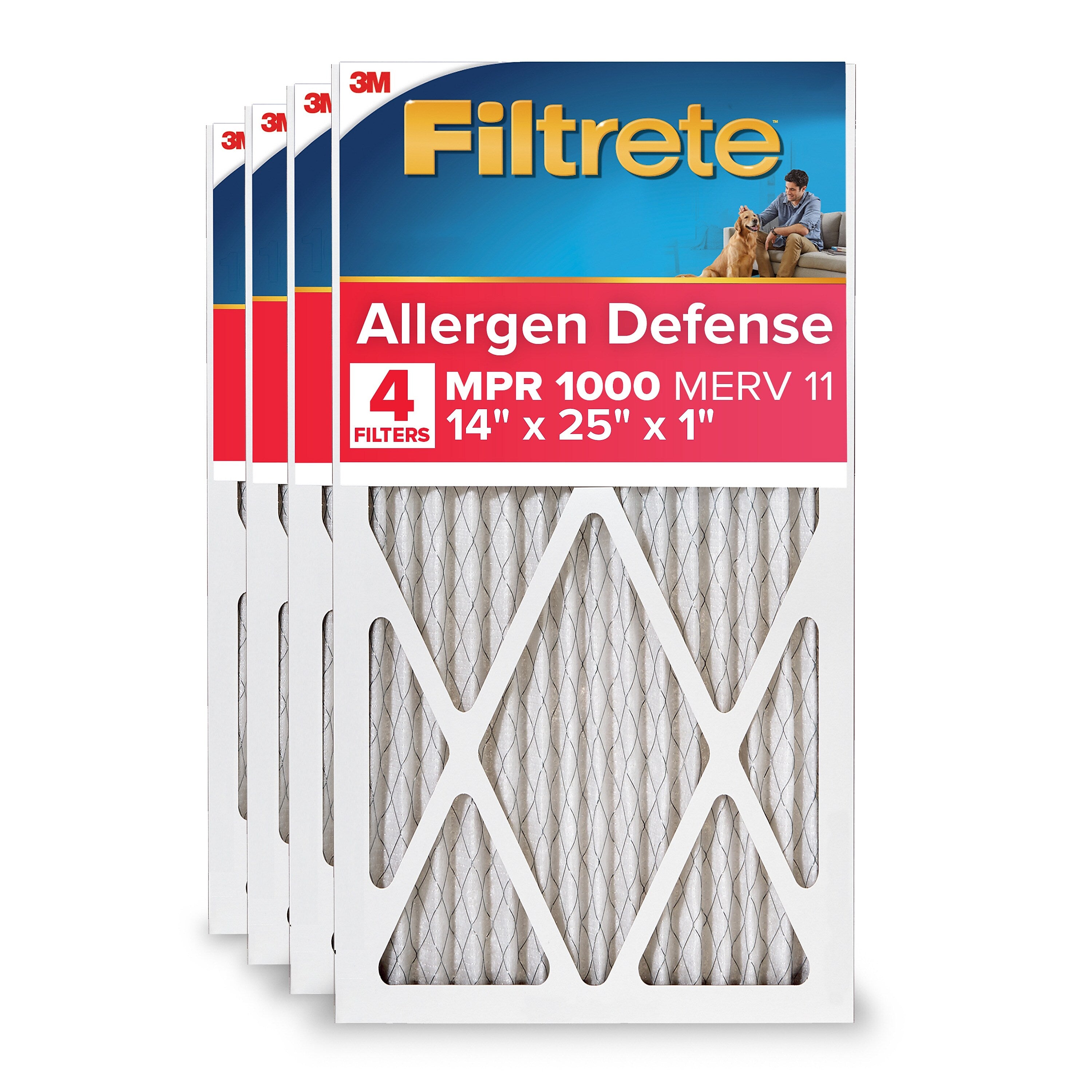 Filtrete Allergen Defense 14" x 25" x 1" Pleated Air Filter, MERV 11, 4/Carton (1000 MPR)