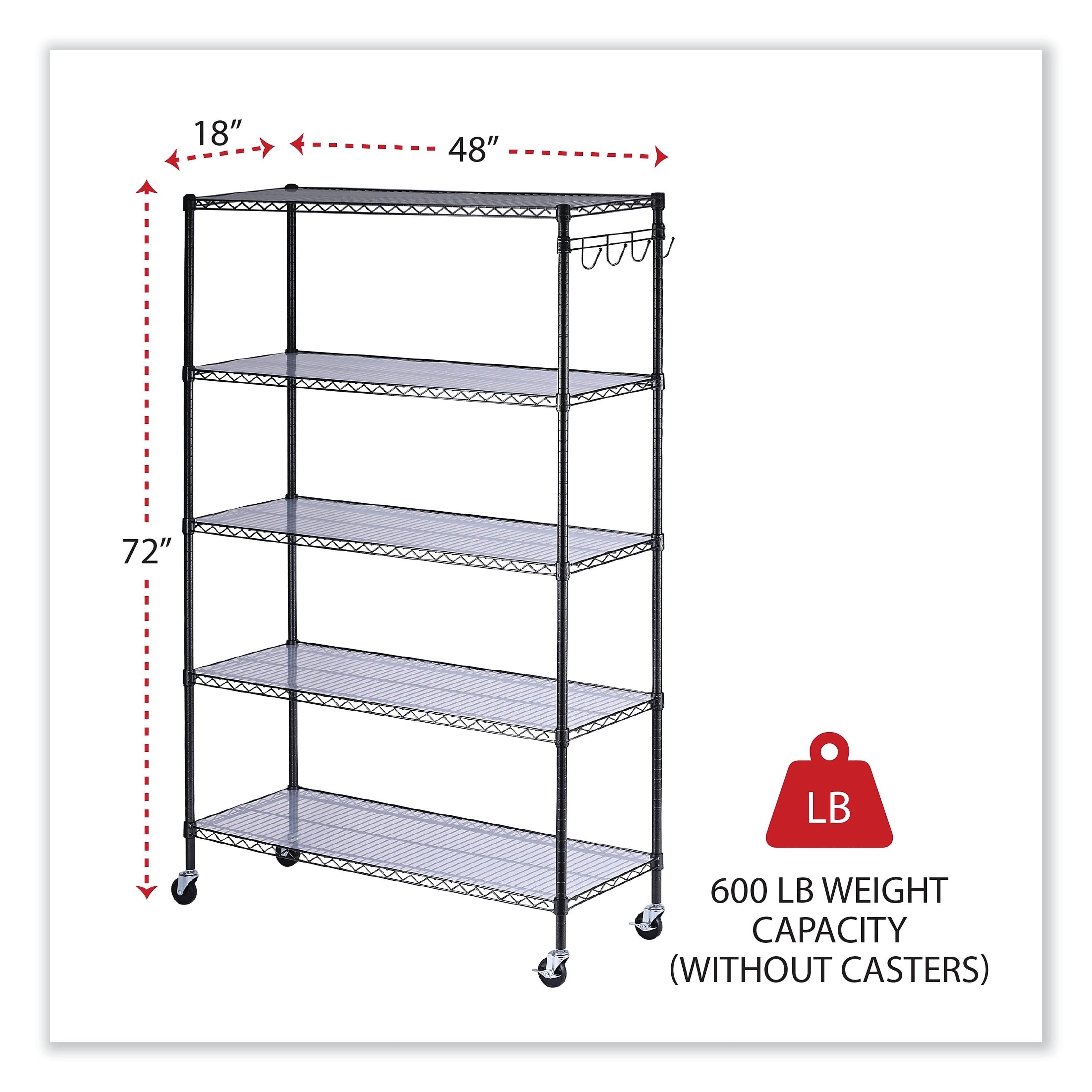 Alera® 5-Shelf Wire Shelving Kit with Casters and Shelf Liners, 48w x 18d x 72h, Black Anthracite (ALESW654818BA)