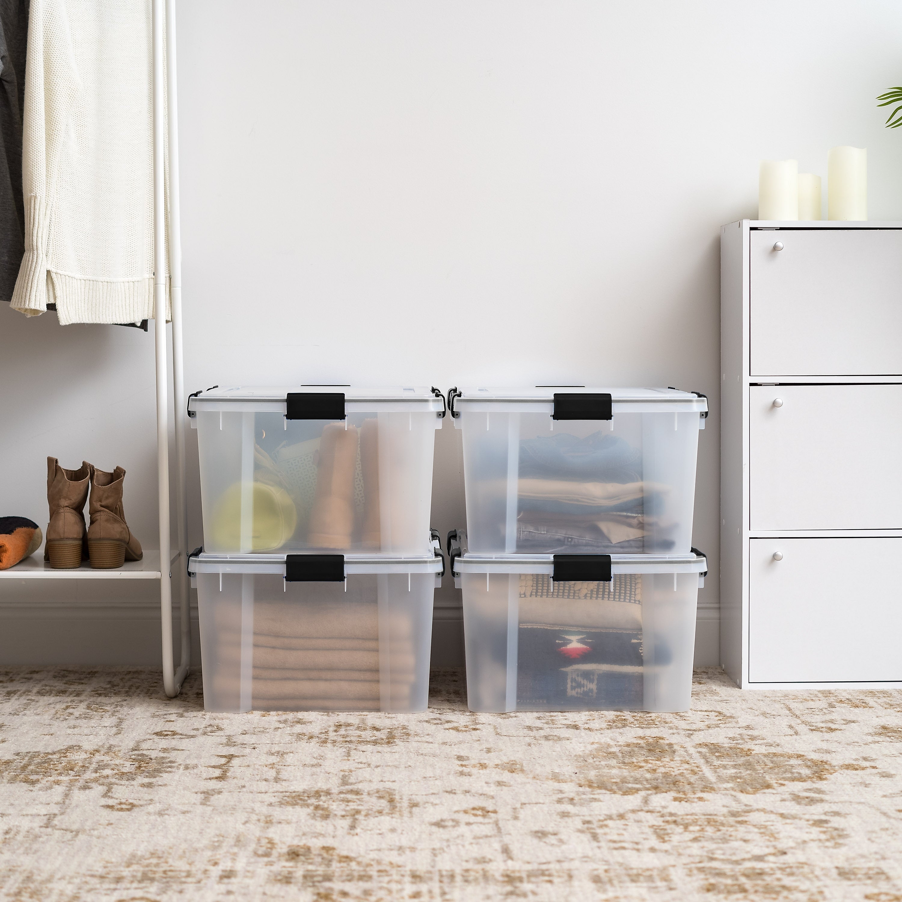 Iris WeatherPro 60 Quart Storage Bin with Latching Lid, Plastic, Clear, 4/Pack (500413)