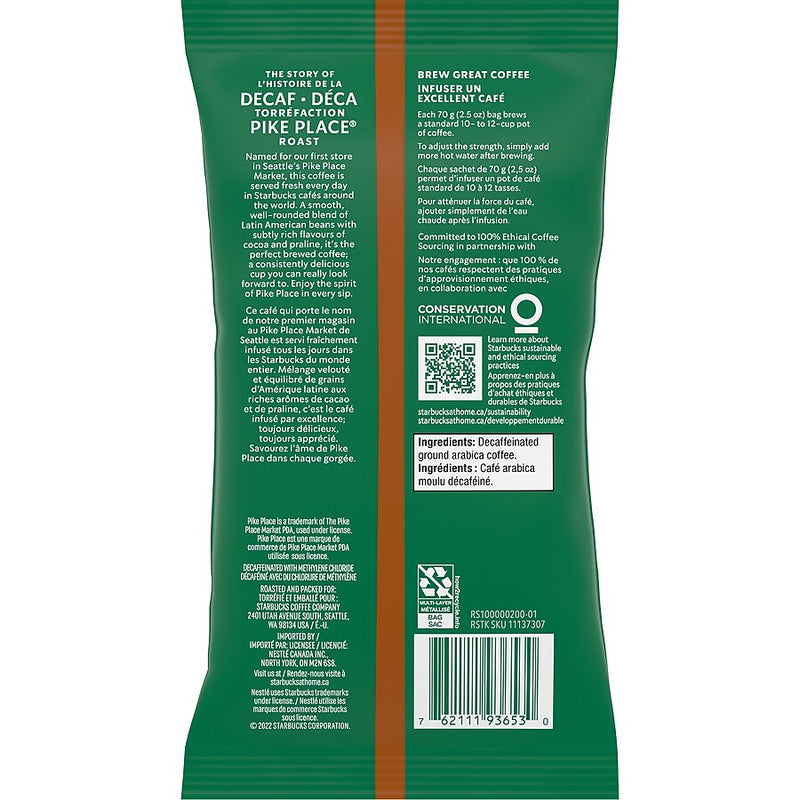 Starbucks Pike Place Roast Decaf Ground Coffee, Medium Roast, 2.5 oz., 18/Box (11023061)