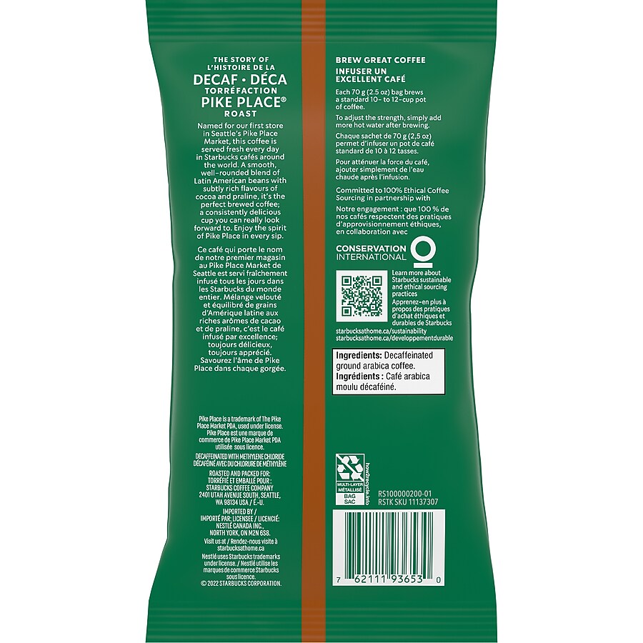 Starbucks Pike Place Roast Decaf Ground Coffee, Medium Roast, 2.5 oz., 18/Box (11023061)