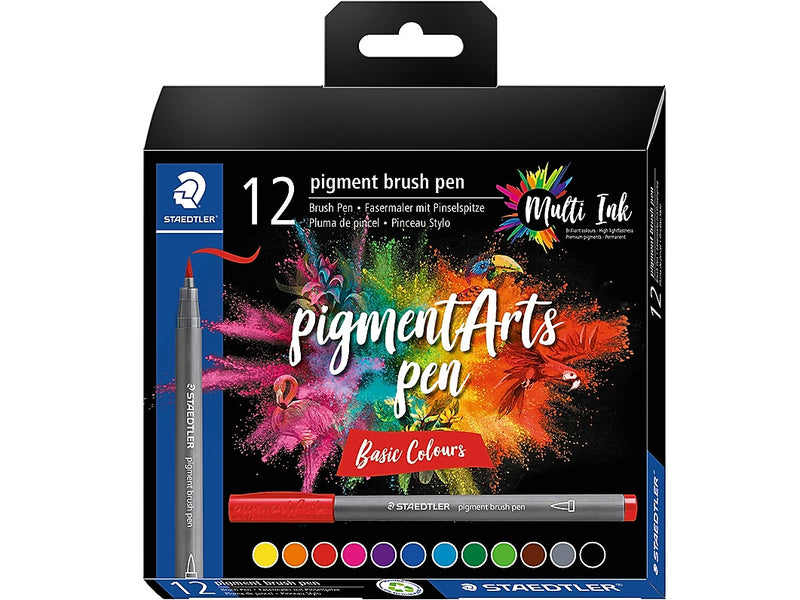 Staedtler Basic Colours Pigment Brush Pens, Assorted Inks, 12/Pack (371 C12-1 10 35)