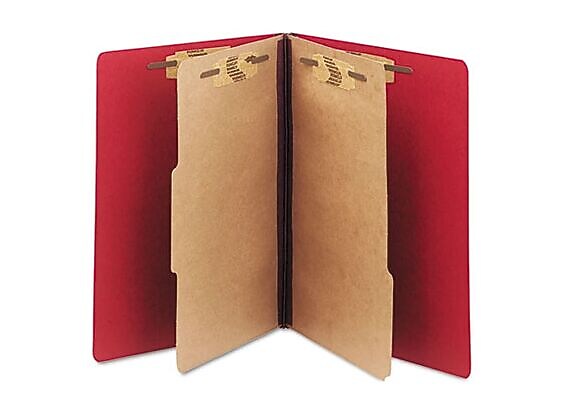 AbilityOne SKILCRAFT Pressboard Top Tab Classification Folder, 2 Dividers, 6 Fasteners, Letter Size, Dark Red, 10/Box