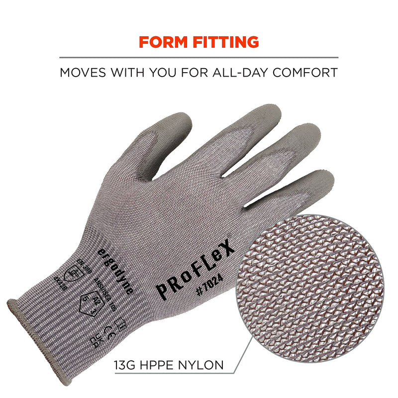 Ergodyne ProFlex 7024 PU Coated Cut-Resistant Gloves, ANSI A2, Gray, XL, 1 Pair (10405)