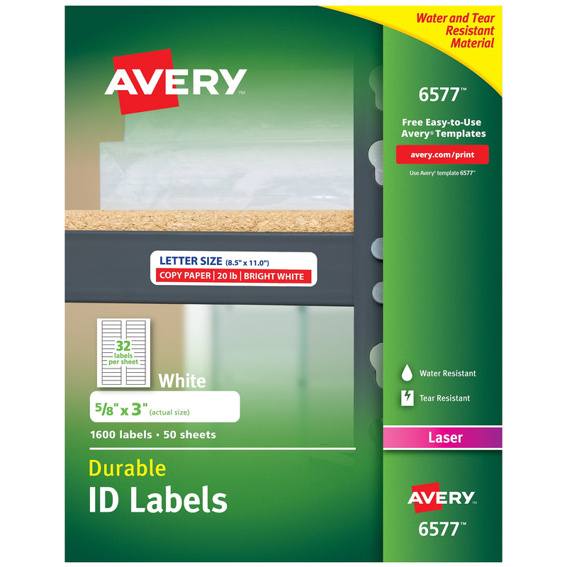 Avery TrueBlock Laser Durable ID Labels, 5/8" x 3", White, 1,600 Labels/Box (6577)