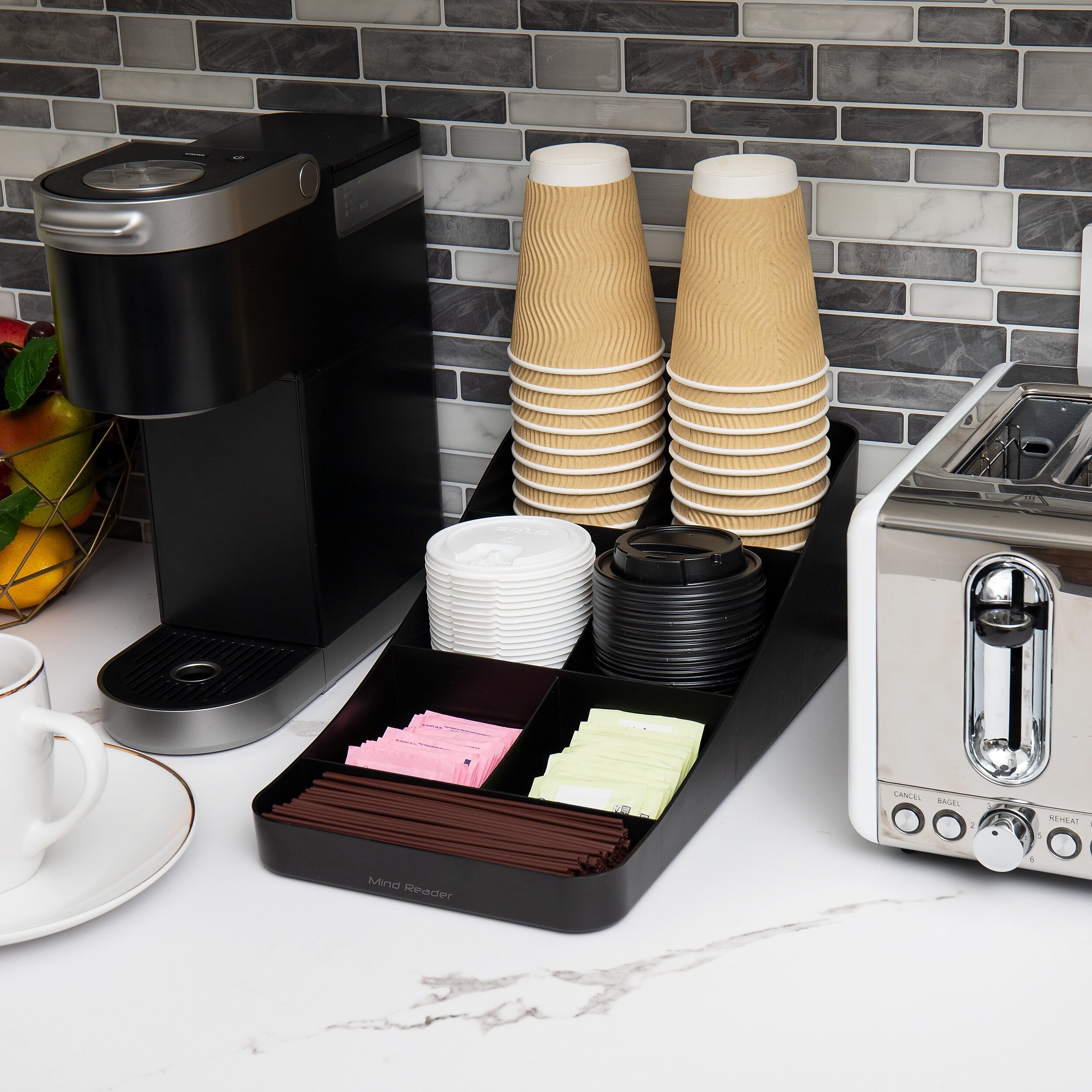 Mind Reader Plastic 7-Compartment Coffee Cup and Condiment Organizer, Black, 2/Pack (2COMP7-BLK)