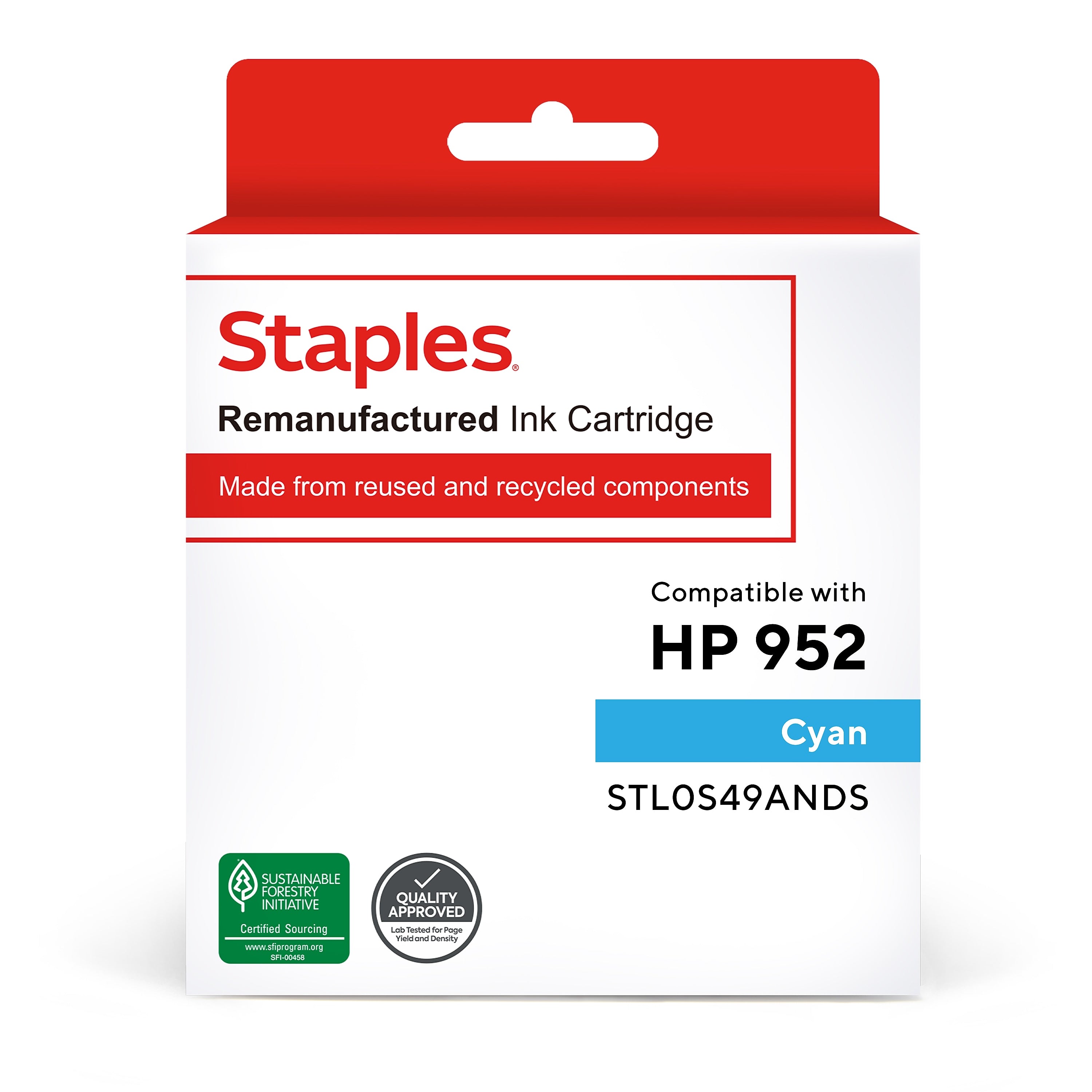 Staples Remanufactured Cyan Standard Yield Ink Cartridge Replacement for HP 952 (TRL0S49ANDS/STL0S49ANDS)