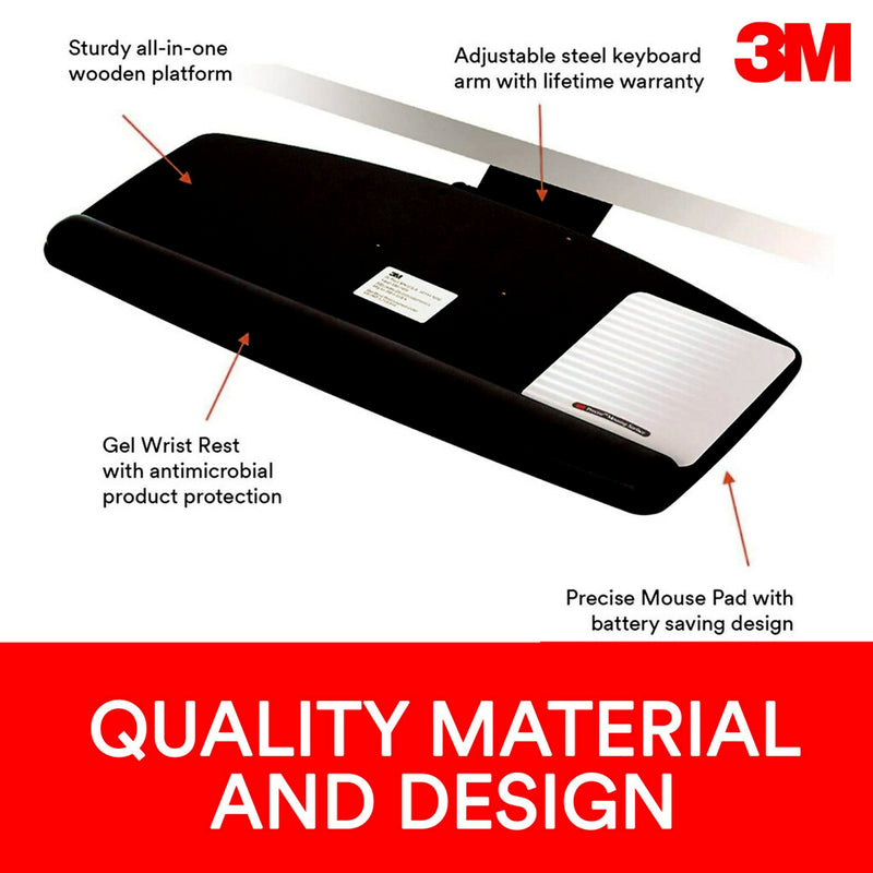 3M Easy Adjust Keyboard Tray with Wrist Rest and Mouse Pad, 23" Track, Black (AKT90LE)