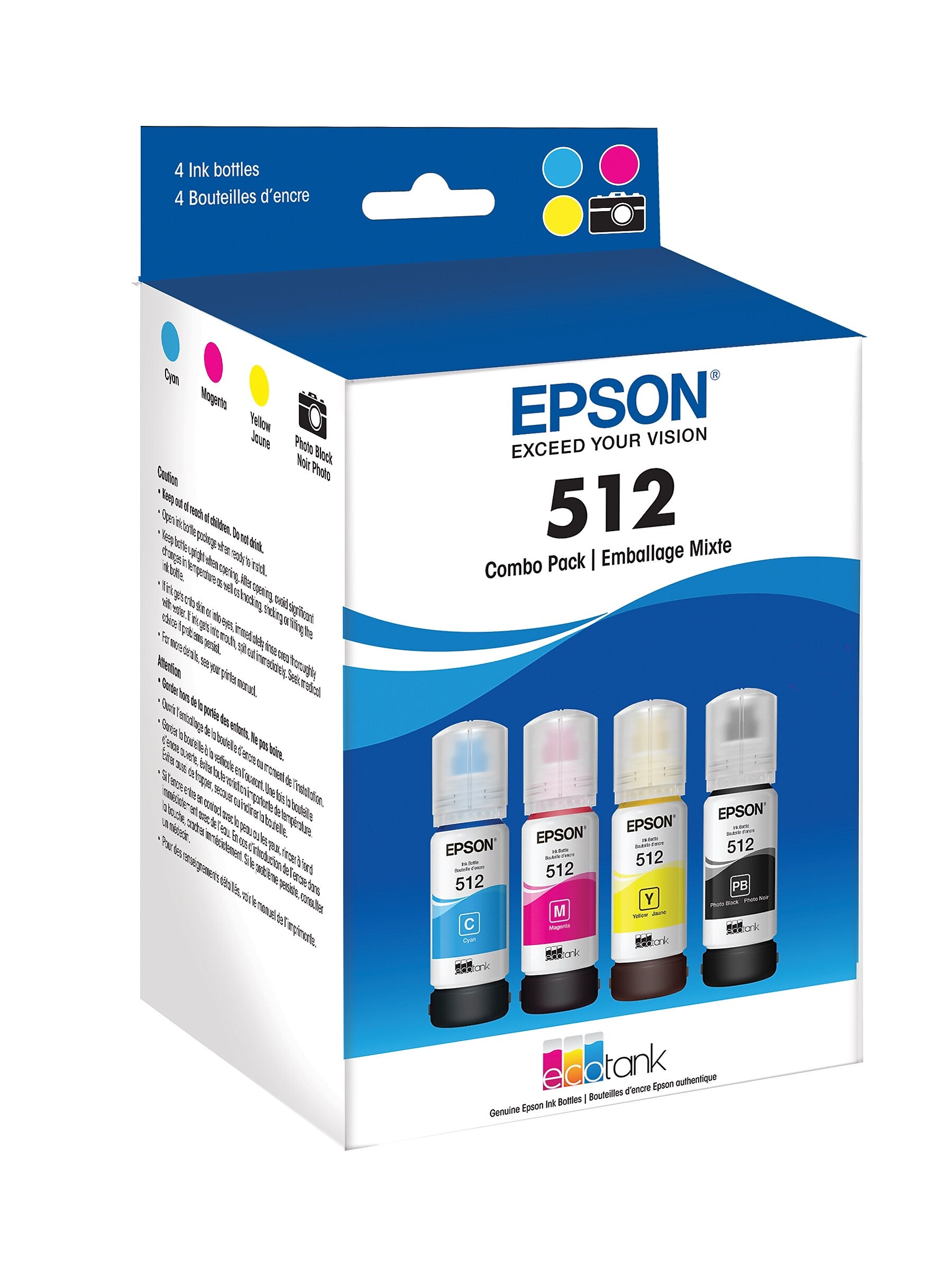 Epson T512 Cyan/Magenta/Yellow/Photo Black Standard Yield Ink Bottle, 4/Pack (T512520-S)