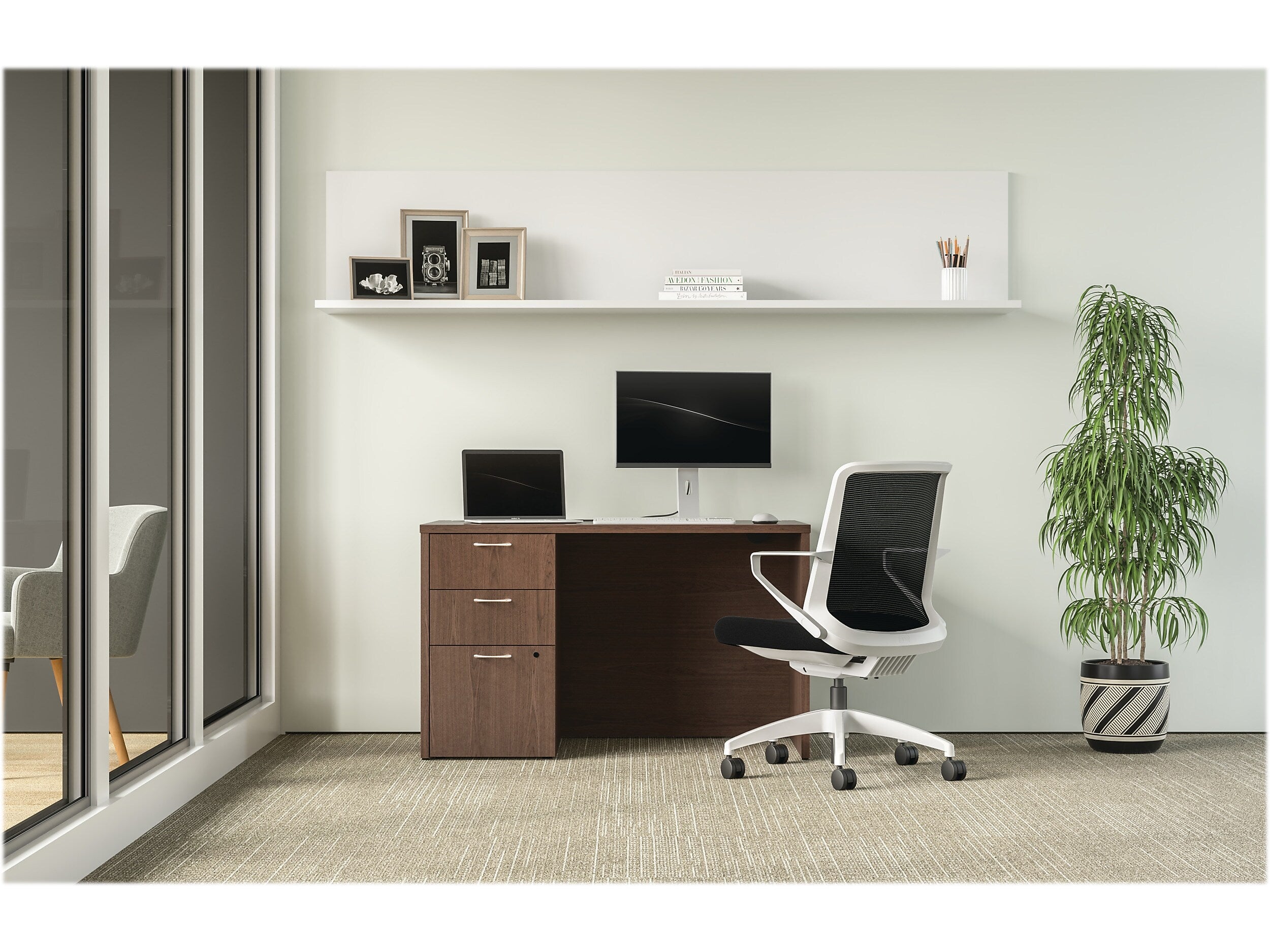 HON Mod 48"W Single-Pedestal Desk, Sepia Walnut (HLPLDS4830BBFSE1)
