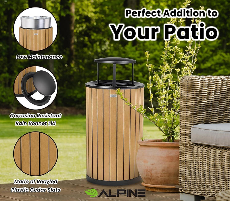 Alpine Industries Steel Outdoor Trash Can with Rain Bonnet Lid, 32 Gallon, Cedar (ALP4400-01-CD-RB)