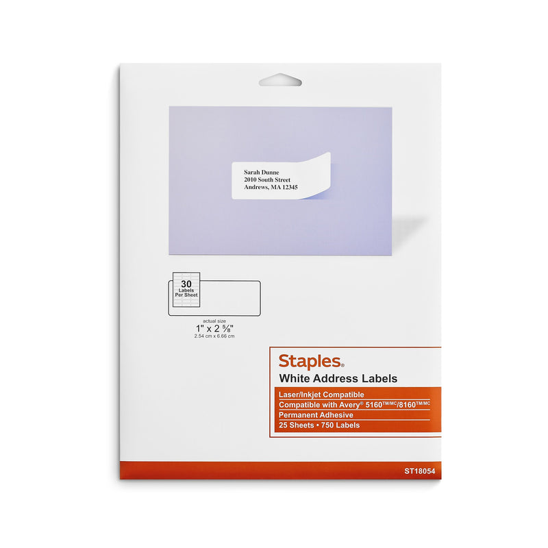 Staples Laser/Inkjet Address Labels, 1" x 2-5/8", White, 30 Labels/Sheet, 25 Sheets/Pack (ST18054-CC)