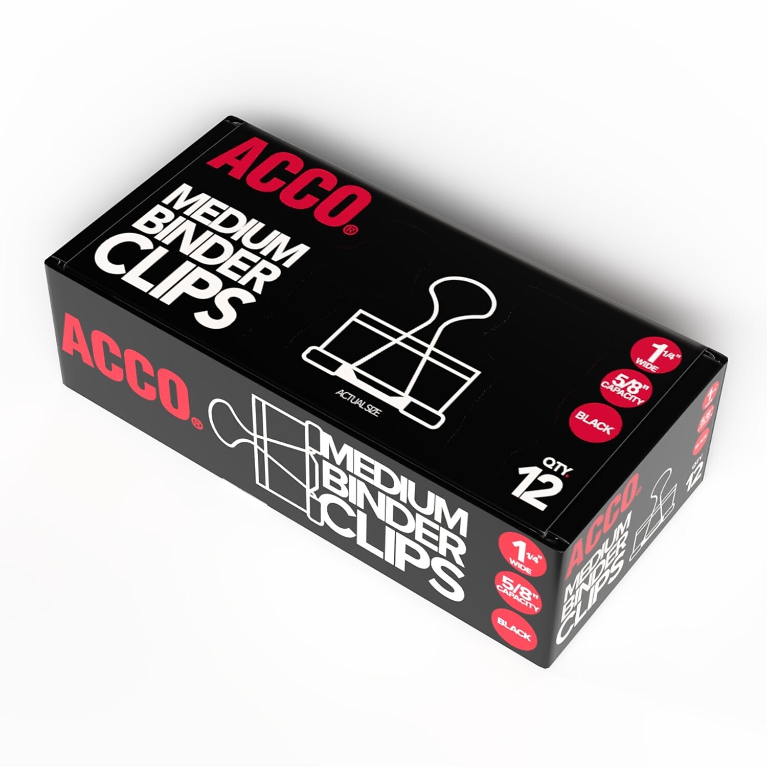 ACCO Medium Binder Clips, 0.63" Capacity, Black, 12 Clips/Pack (A7072050B)